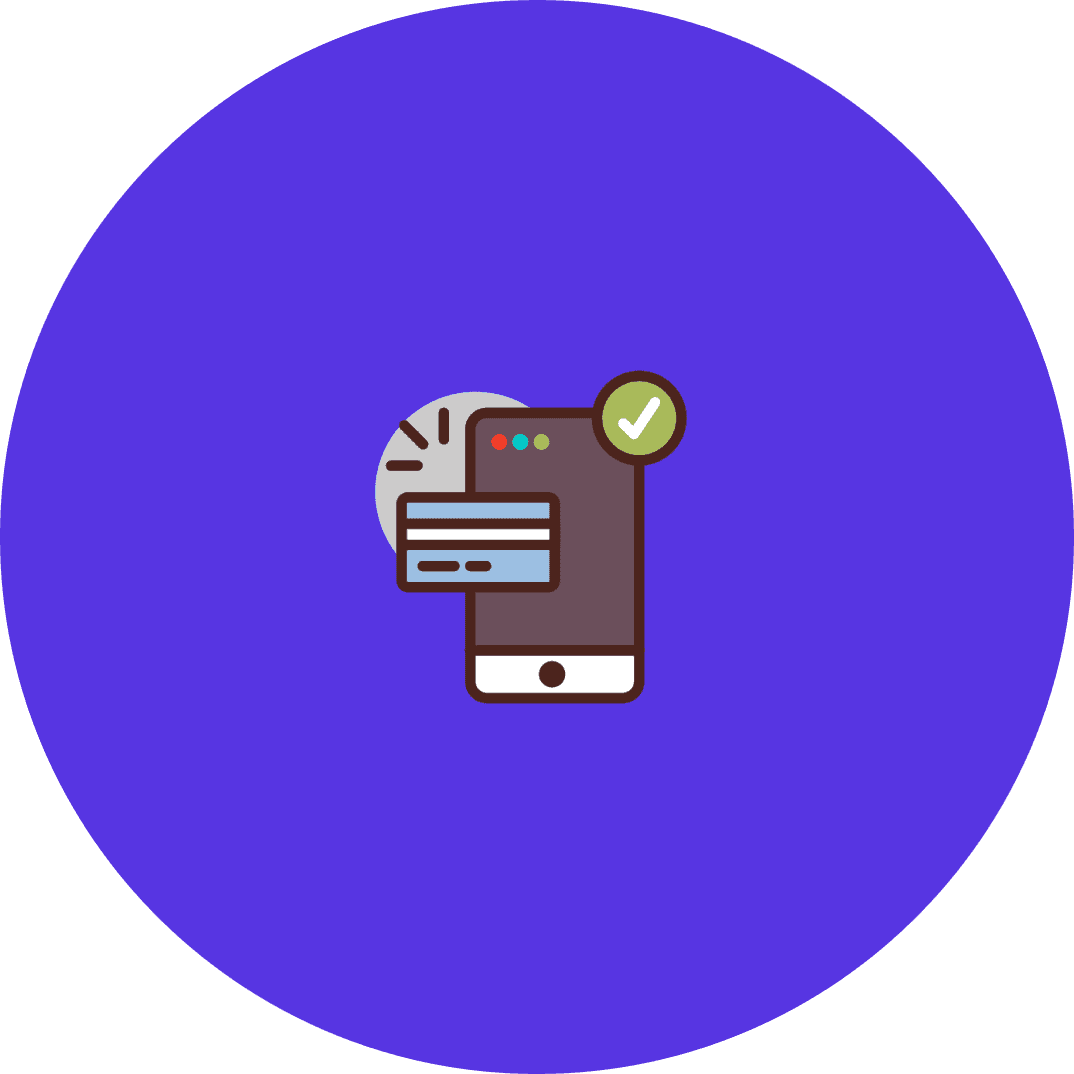 A phone with a bank card and payment validation illustration on a blue background
