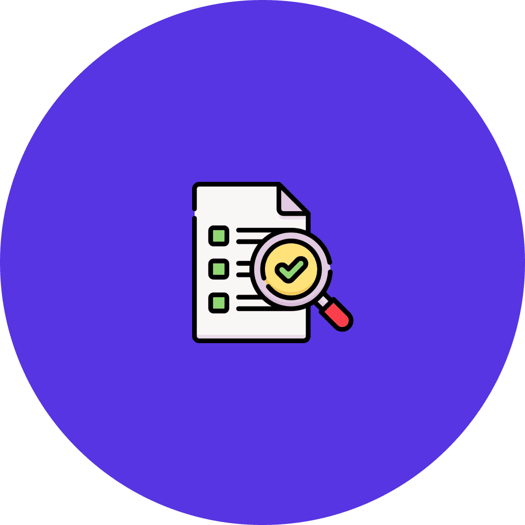 A document review with spyglass illustration on a blue background